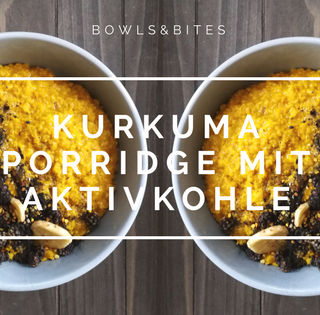 Kurkuma Porridge mit Aktivkohle , Maulbeeren und schwarzem Sesam #glutenfrei #laktosefrei #vegan