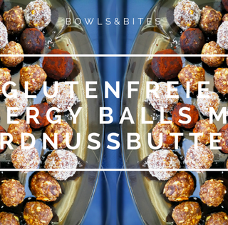 Glutenfreie Energy Balls mit Erdnussbutter, Mandeln, Datteln vegan, no-bake by bowlsnbites.com