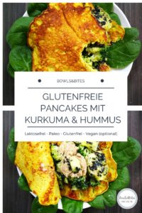 Glutenfreie Pancakes mit Kurkuma, Hummus, Spinat und Brokkoli. Laktosefrei. Paleo. Vegan optional, schnelles Rezept by bowlsnbites.com