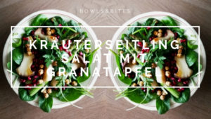 Kräuterseitling Salat mit Kichererbsen, Spinat und Granatapfel. Vegan, Vegetarisch, Laktosefrei, Glutenfrei, Eifrei, Sojafrei by bowlsnbites.com